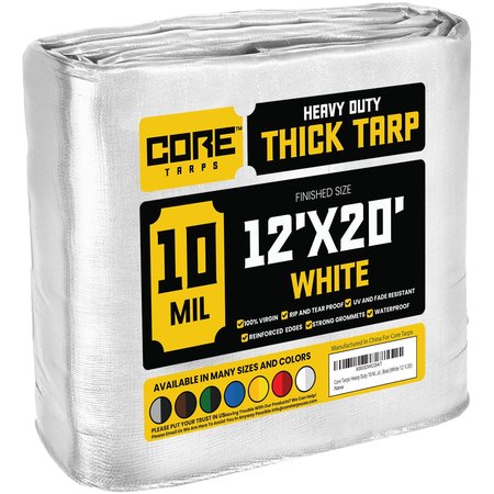 CORE TARPS 12 ft x 20 ft Heavy Duty 10 Mil Tarp, White, Polyethylene, Waterproof, Rip and Tear Proof CT-604-12X20